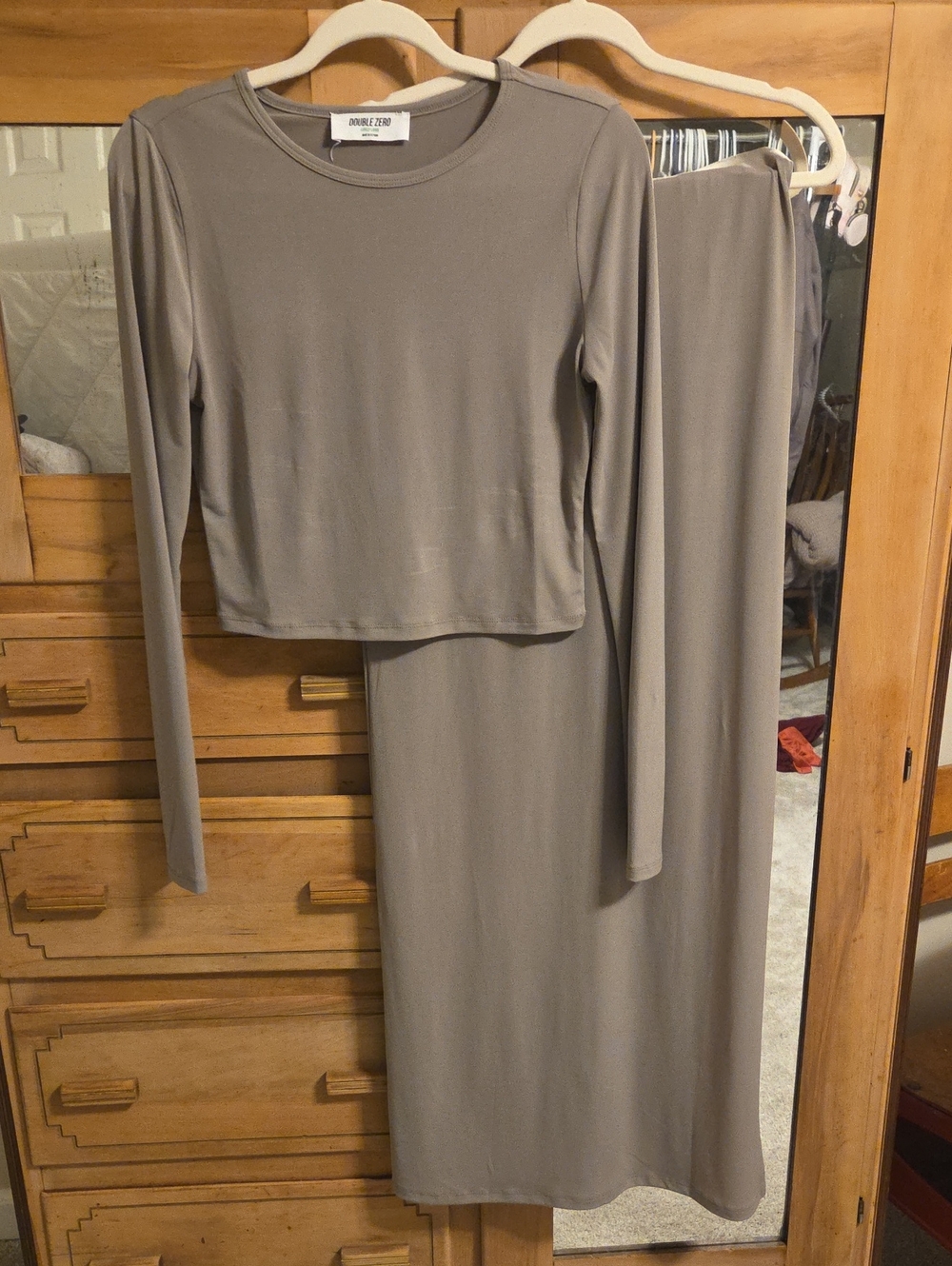 Double Zero Taupe Long Sleeve Crop Top & Maxi Skirt Set